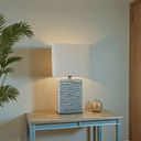 Blue Glazed Ceramic Lamp W/ Linen Shade at online8 furniture store Auckland