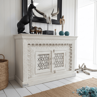Boho Hand Carved 2 Door Teak Sideboard at Online8 Furniture Auckland NZ