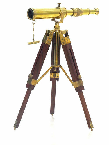 Antique-style brass nautical spyglass with a 25cm tube, standing 35cm tall on its stand