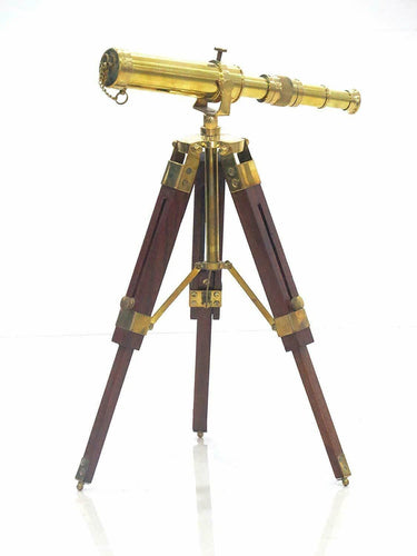 Side view of the brass and timber spyglass telescope, a desk-sized maritime accent