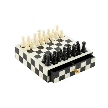 Chess Drawer Box Set - Black & White resin chess set with built-in drawer storage for pieces