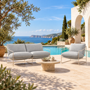 Coco Sling outdoor sofa and chair in Fossil on a Mediterranean poolside terrace – Online8 Furniture NZ