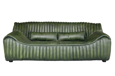 Cuban 2 Seater Aged Leather Sofa in olive top-grain leather with vertical channel stitching