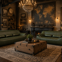 Cuban Lounge Suite - olive leather 3 seater and 2 seater sofas with channel stitching, styled in a vintage lounge