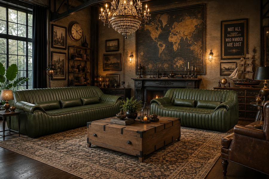 Cuban Olive Leather Sofa with channel stitching, available in 2 and 3 seater, styled in a vintage lounge