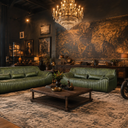 Cuban channel-stitched olive top-grain leather 3 and 2 seater sofa suite in a vintage-styled living room