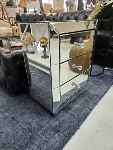 Curio 3 Drawer Mirrored Bedside Table at online8 furniture store Auckland