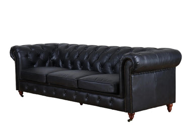 Elaiza Chesterfield Top Grain 3 Seater Sofa - Vintage Black at online8 furniture store Auckland