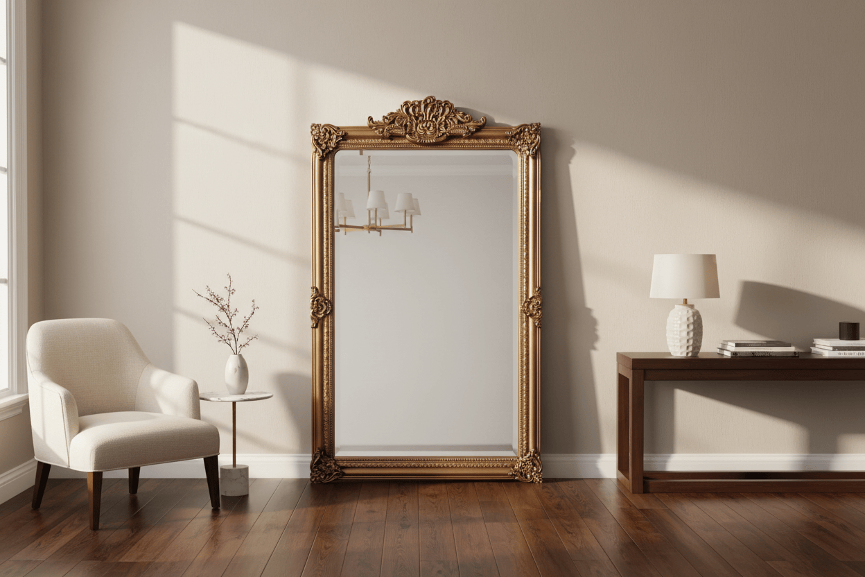 Elizabeth Ornate Beveled Floor Mirror - Antique Gold at online8 furniture store Auckland