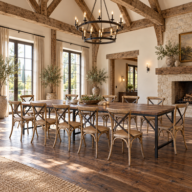 Emile 3000mm trestle dining table with 12 cross back chairs in a rustic vaulted dining room – Online8 Furniture NZ