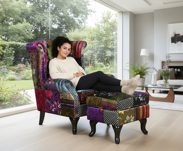 Franklin Patchwork Wingback Armchair with Ottoman at online8 furniture store Auckland