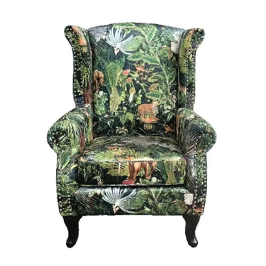 Franklin Wingback Patchwork Armchair - Green Forest at online8 furniture store Auckland