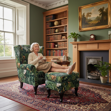 Franklin Wingback Patchwork Armchair with Ottoman- Green Forest at online8 furniture store Auckland