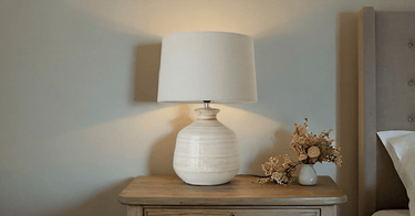 Glazed Ceramic Lamp W/ Linen Shade at online8 furniture store Auckland