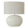 Glazed White Ceramic Lamp W/ Linen Shade at online8 furniture store Auckland