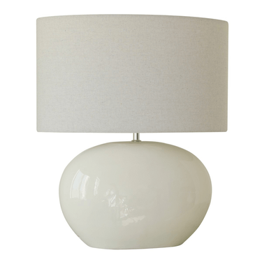 Glazed White Ceramic Lamp W/ Linen Shade at online8 furniture store Auckland