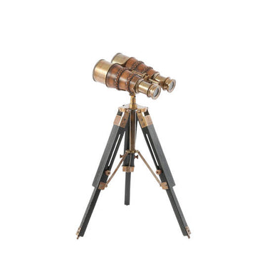 Global Traveller Binocular Tripod, decorative binoculars in wood, leather and brass, 36cm high