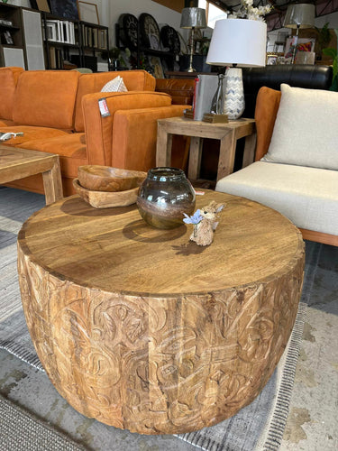Hand Carved Round Coffee Table at online8 furniture store Auckland