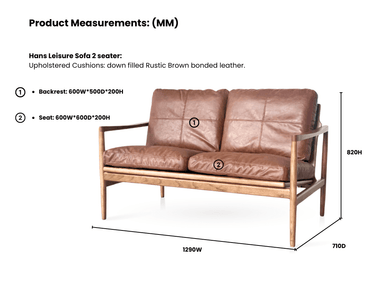 Hans Mid-Century 2 Seat Leather Sofa - Rustic Brown at online8 furniture store Auckland