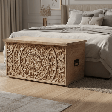 Carved Wooden Trunk | Blanket Chest | Storage & Organization  at online8 furniture store Auckland