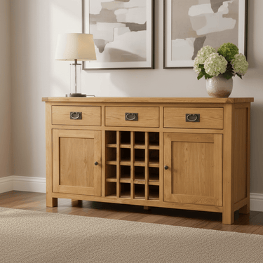 Kensington Oak Buffet Table with Wine Rack at online8 furniture store Auckland