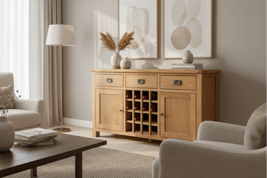 Kensington Oak Buffet Table with Wine Rack at online8 furniture store Auckland