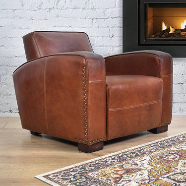 Kingly Club Vintage Leather Art Deco Armchair - Vintage Cigar at online8 furniture store Auckland