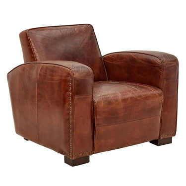 Kingly Club Vintage Leather Art Deco Armchair - Vintage Cigar at online8 furniture store Auckland