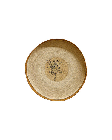 KINTU COLLECTION Sprig Wall Art/Tray, a round handwoven seagrass basket with mustard rim