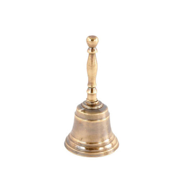 La Clochette Table Bell in a warm brass finish, a classic aluminium hand bell 11.5cm tall