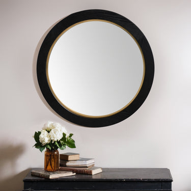 La Vista Black Oak & Gold Round Wall Mirror - 650mm at online8 furniture store Auckland