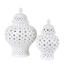 Lattice Ceramic Ginger Jars in white, medium and small styled as a pair