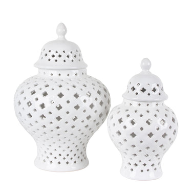 Lattice Ceramic Ginger Jars in white, medium and small styled as a pair