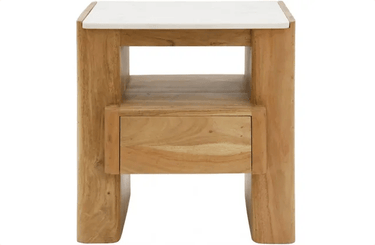 Lucia Acacia & Marble Bed Side Table - Oak Finish at online8 furniture store Auckland
