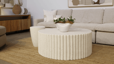 Lulu Ribbed MGO Round Coffee Table - White Fleck at online8 furniture store Auckland