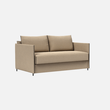 Luoma Sofa Bed in Blida sand grey, 80% polyester and 20% linen, with slim arms and black signature piping
