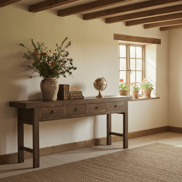 Manor 4 Drawer Console Table - Reclaimed Elm 2200mm at Online8 Furniture Auckland NZ