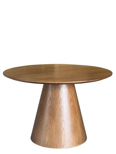 Meridian Dining Table, 120cm round oak top in a walnut finish on a cone pedestal base