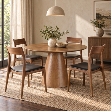 Meridian round dining table in walnut finished oak and oak veneer, 120 x 77cm