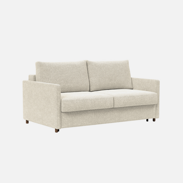 Neah Slim Sofa Bed 160cm in Blida sand grey with slim arms on a solid metal frame