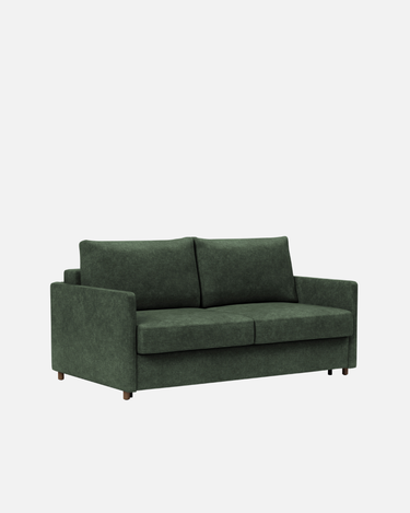 Neah Slim Sofa Bed 180cm in Avella pine green with slim arms on a solid metal frame