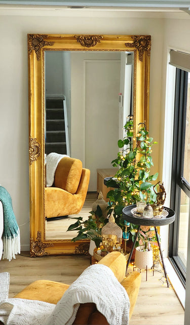 Ornate Bevelled Floor Mirror – Antique Gold at online8 furniture store Auckland