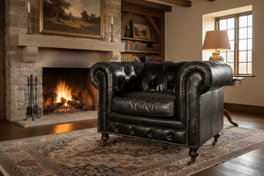 Oxford Chesterfield Aged Leather Armchair - Belon Black at Online8 Furniture Auckland NZ