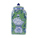 Peony Ceramic Square Jar Large in green and blue on white, 32cm high