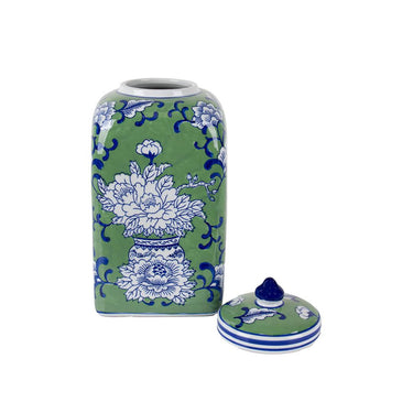 Peony Ceramic Square Jar Large with angular chinoiserie form