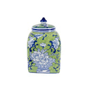 Peony Ceramic Square Jar Small in green and blue on white, 25.5cm high