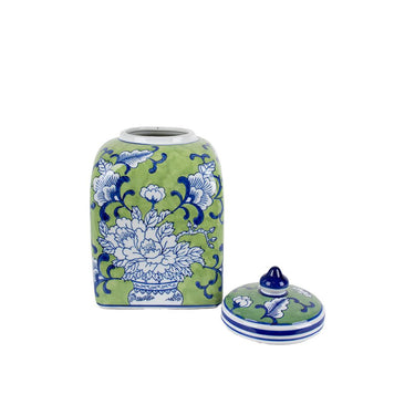 Peony Ceramic Square Jar Small with angular chinoiserie form