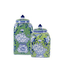 Peony Ceramic Square Jars in small and large sizes styled as a pair