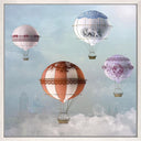 Up childrens canvas wall art of hot air balloons in a pale sky, chalk frame