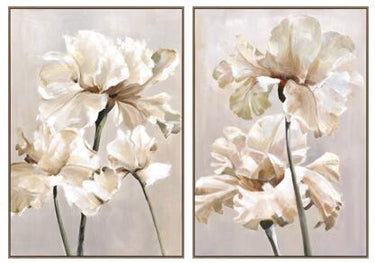 Whispers of Blooms canvas wall art with hand-painted floral overlay in an oak frame